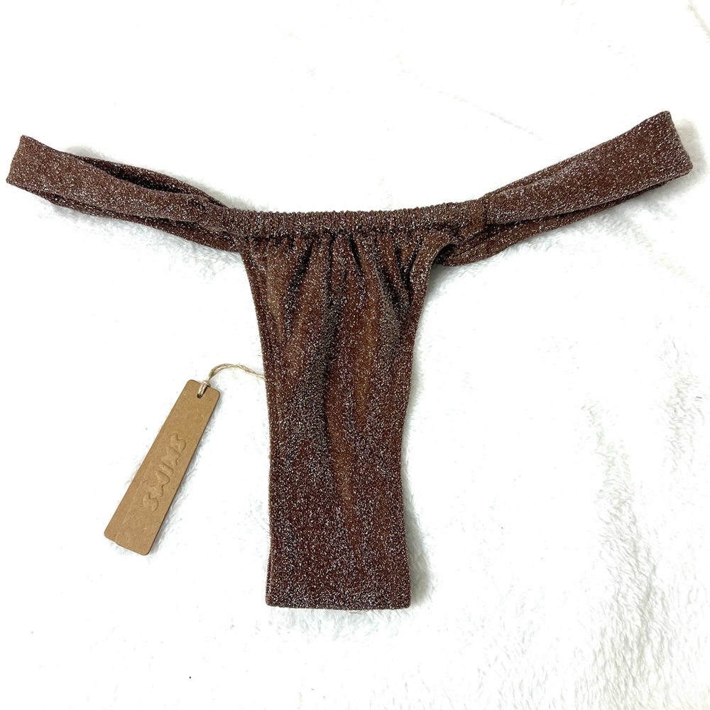 Skims Glitter Swim Ruched Tanga Bikini Bottom Jasper Brown Size L